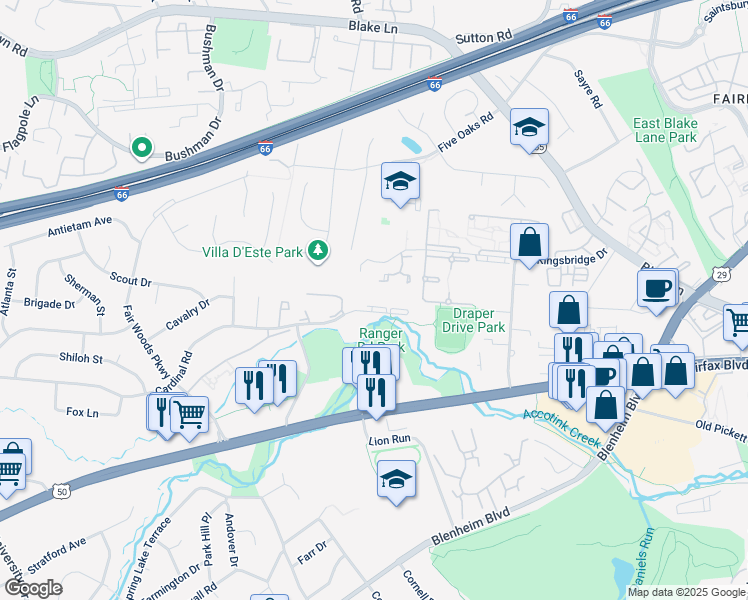 map of restaurants, bars, coffee shops, grocery stores, and more near 9744 Cardinal Road in Fairfax