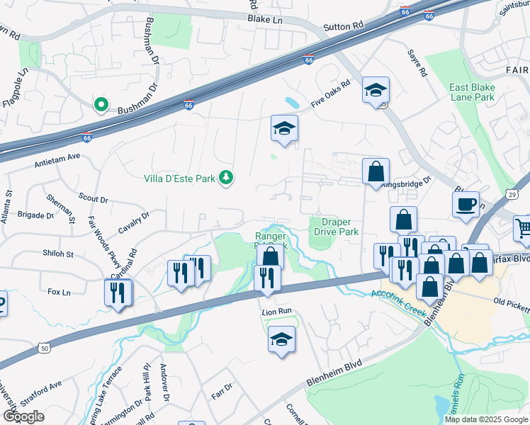 map of restaurants, bars, coffee shops, grocery stores, and more near 9744 Cardinal Road in Fairfax
