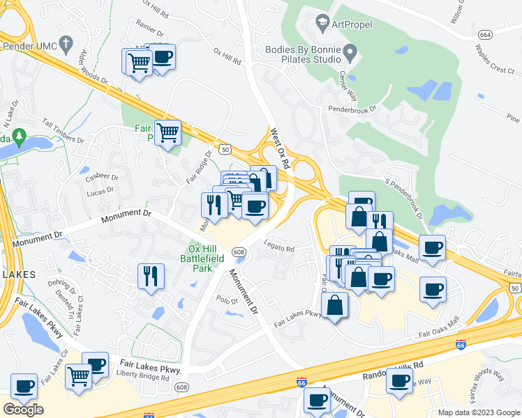 map of restaurants, bars, coffee shops, grocery stores, and more near 12120 Fairfax Towne Center in Fairfax