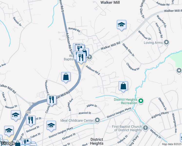map of restaurants, bars, coffee shops, grocery stores, and more near 1631 Addison Road South in District Heights