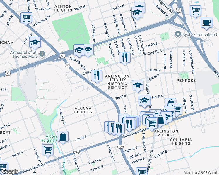 map of restaurants, bars, coffee shops, grocery stores, and more near 3301 6th Street South in Arlington