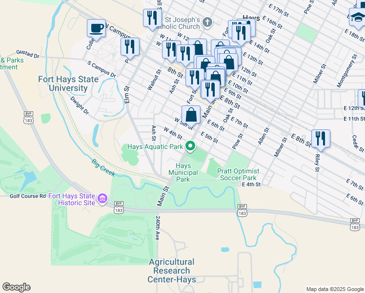 map of restaurants, bars, coffee shops, grocery stores, and more near 305 Main Street in Hays