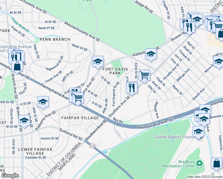 map of restaurants, bars, coffee shops, grocery stores, and more near 1605 Fort Dupont Street Southeast in Washington