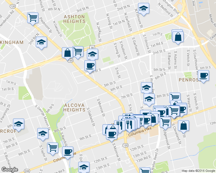 map of restaurants, bars, coffee shops, grocery stores, and more near 3360 5th Street South in Arlington