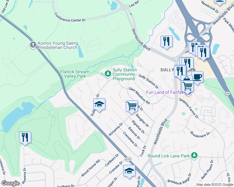 map of restaurants, bars, coffee shops, grocery stores, and more near 14706 Rabbit Run Court in Centreville