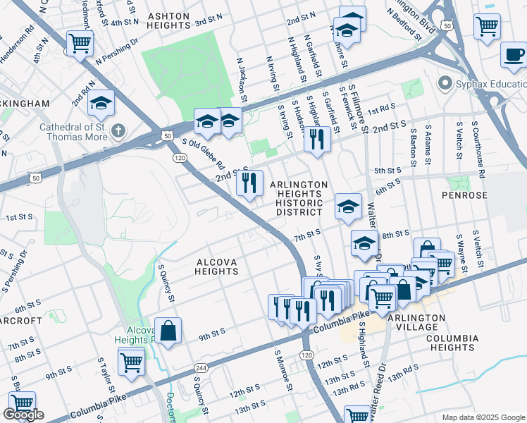 map of restaurants, bars, coffee shops, grocery stores, and more near 3360 5th Street South in Arlington