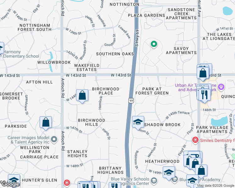 map of restaurants, bars, coffee shops, grocery stores, and more near 8011 West 144th Terrace in Overland Park