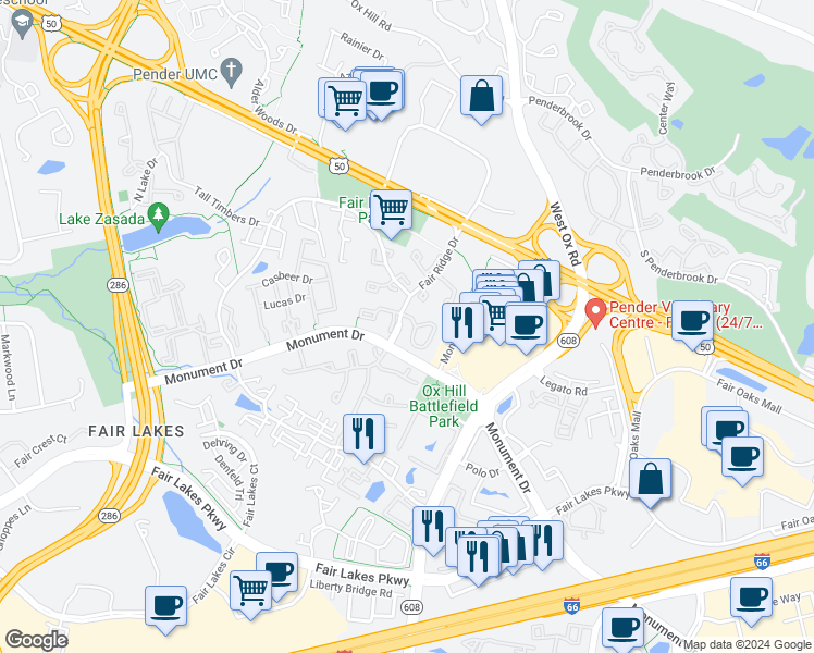 map of restaurants, bars, coffee shops, grocery stores, and more near 12306 Fort Buffalo Circle in Fairfax