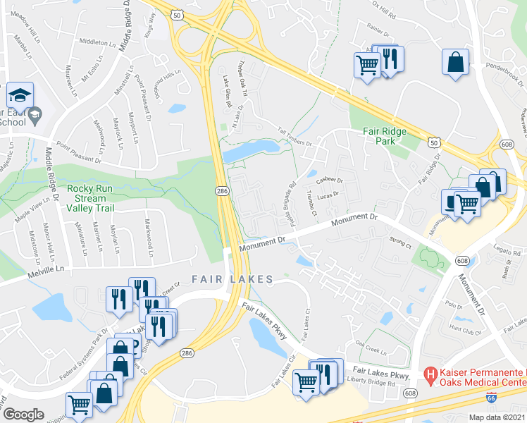 map of restaurants, bars, coffee shops, grocery stores, and more near Summit Manor Drive in Fairfax