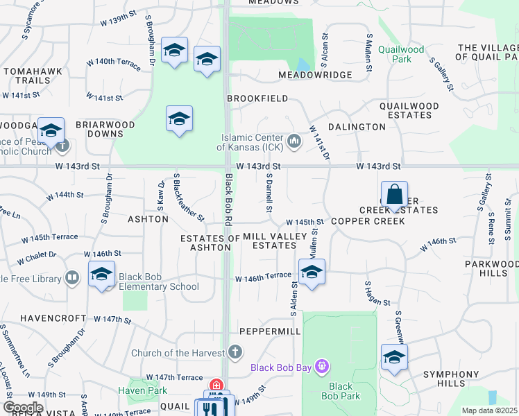 map of restaurants, bars, coffee shops, grocery stores, and more near 15031 West 144th Terrace in Olathe