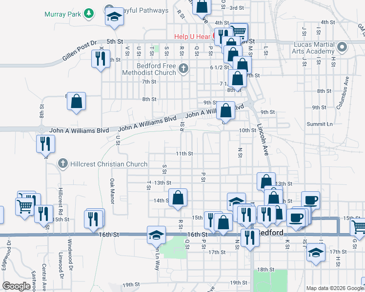 map of restaurants, bars, coffee shops, grocery stores, and more near 1704 11th Street in Bedford
