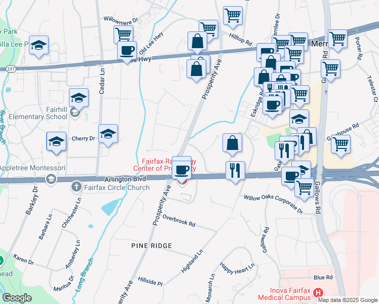 map of restaurants, bars, coffee shops, grocery stores, and more near 3055 Prosperity Avenue in Fairfax