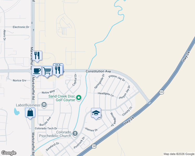 map of restaurants, bars, coffee shops, grocery stores, and more near 2301 Springside Drive in Colorado Springs