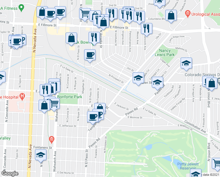 map of restaurants, bars, coffee shops, grocery stores, and more near 931 East La Salle Street in Colorado Springs
