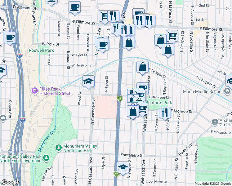map of restaurants, bars, coffee shops, grocery stores, and more near in Colorado Springs