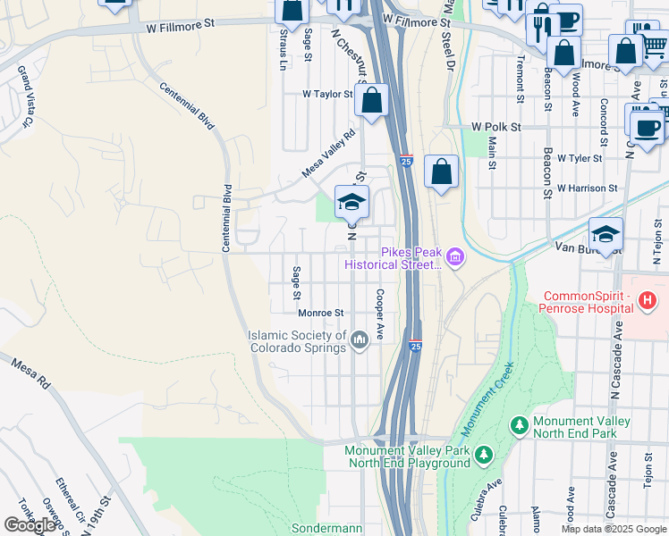 map of restaurants, bars, coffee shops, grocery stores, and more near 2326 North Chestnut Street in Colorado Springs