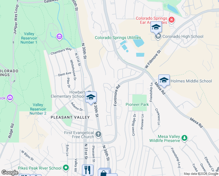 map of restaurants, bars, coffee shops, grocery stores, and more near 1000 Fontmore Road in Colorado Springs