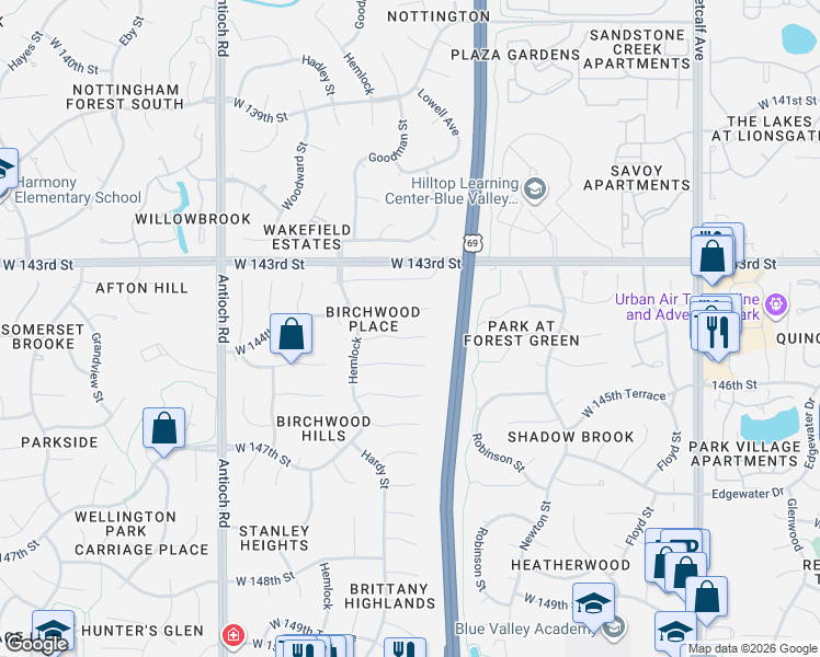 map of restaurants, bars, coffee shops, grocery stores, and more near 8011 West 144th Terrace in Overland Park