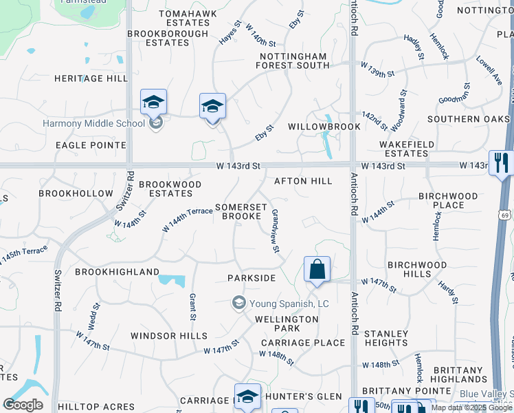 map of restaurants, bars, coffee shops, grocery stores, and more near 14343 Kessler Street in Overland Park