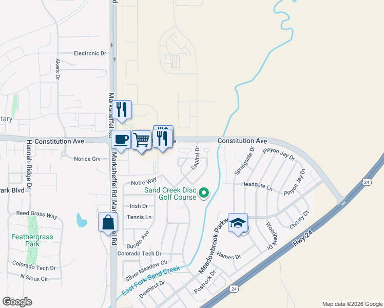 map of restaurants, bars, coffee shops, grocery stores, and more near 8225 Confluence Point in Colorado Springs