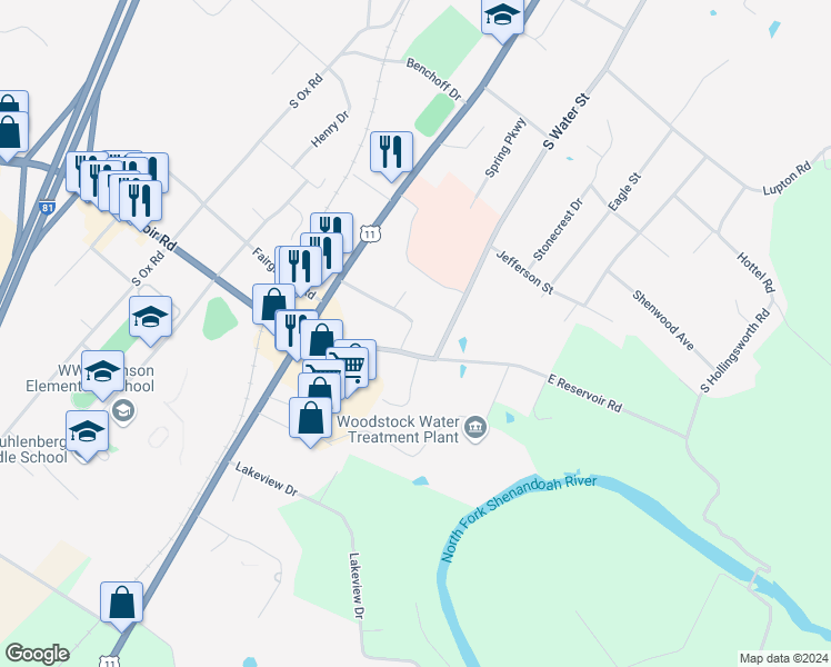 map of restaurants, bars, coffee shops, grocery stores, and more near 913 Hilltop Drive in Woodstock