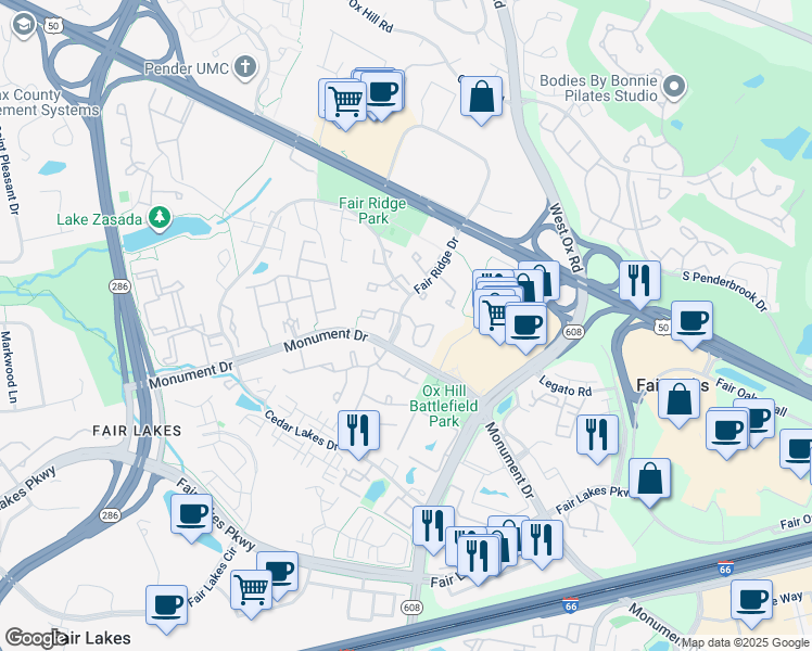 map of restaurants, bars, coffee shops, grocery stores, and more near 12306 Fort Buffalo Circle in Fairfax