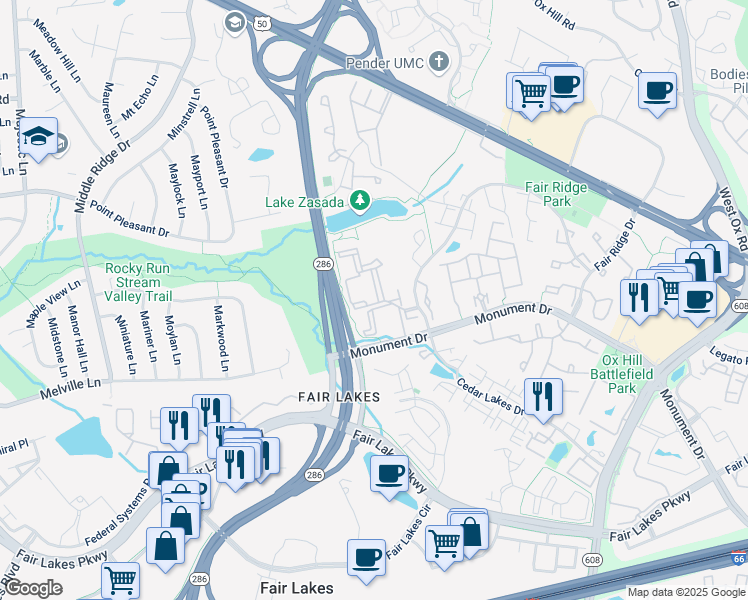 map of restaurants, bars, coffee shops, grocery stores, and more near 12565 Summit Manor Drive in Fairfax