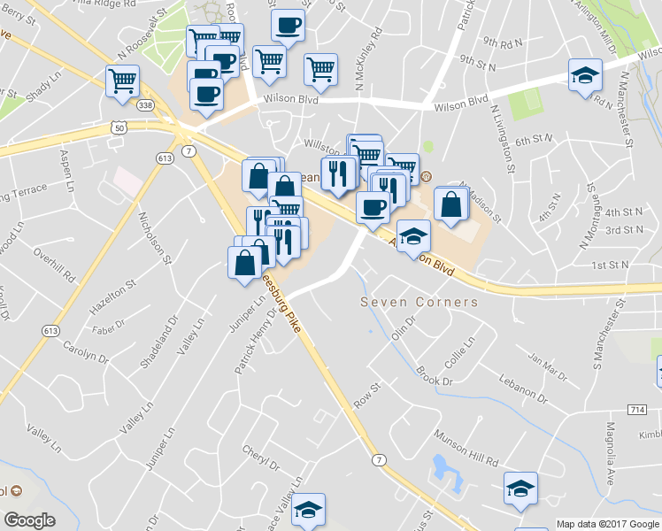 map of restaurants, bars, coffee shops, grocery stores, and more near 3032 Patrick Henry Drive in Falls Church
