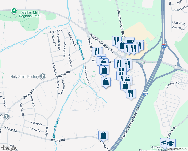 map of restaurants, bars, coffee shops, grocery stores, and more near 1651 Tulip Avenue in District Heights