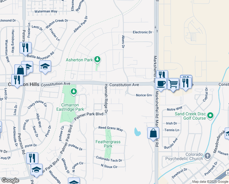 map of restaurants, bars, coffee shops, grocery stores, and more near 2486 Snow Cap Court in Colorado Springs