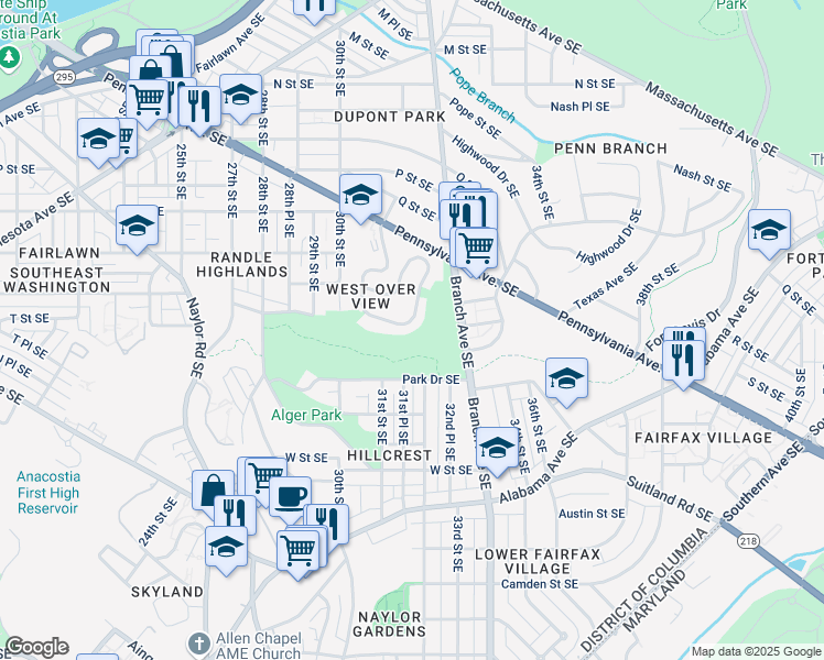 map of restaurants, bars, coffee shops, grocery stores, and more near 3176 Westover Drive Southeast in Washington