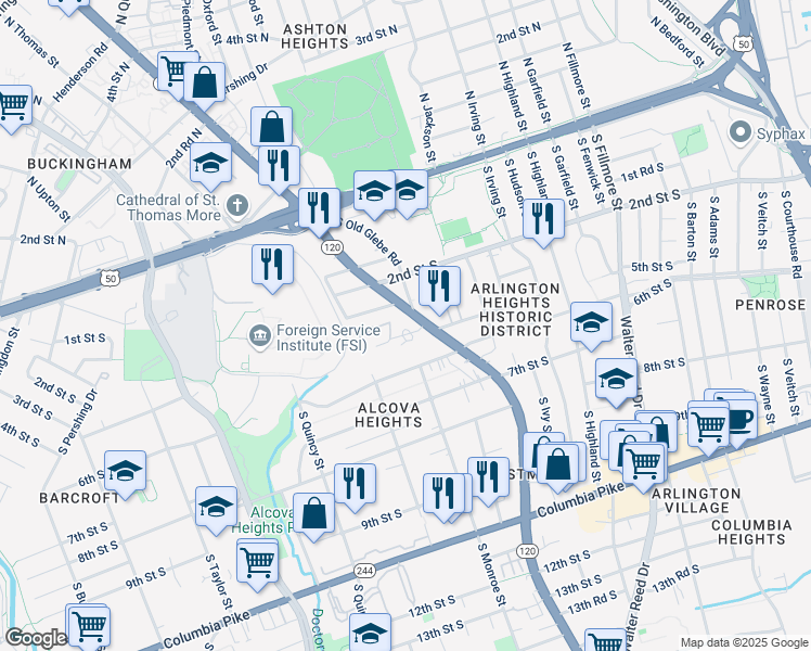 map of restaurants, bars, coffee shops, grocery stores, and more near 3601 5th Street South in Arlington