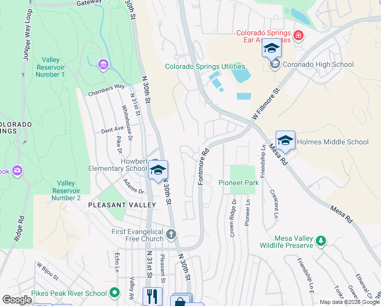 map of restaurants, bars, coffee shops, grocery stores, and more near 1000 Fontmore Road in Colorado Springs