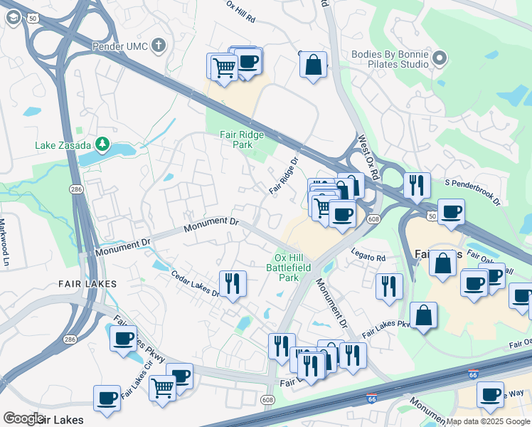 map of restaurants, bars, coffee shops, grocery stores, and more near 12308 Fort Buffalo Circle in Fairfax