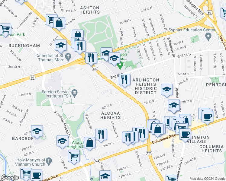 map of restaurants, bars, coffee shops, grocery stores, and more near 3601 5th Street South in Arlington