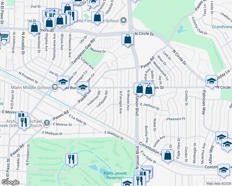 map of restaurants, bars, coffee shops, grocery stores, and more near 2412 North Logan Avenue in Colorado Springs
