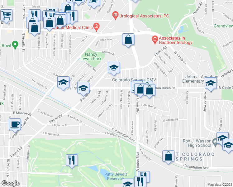 map of restaurants, bars, coffee shops, grocery stores, and more near 2412 North Logan Avenue in Colorado Springs