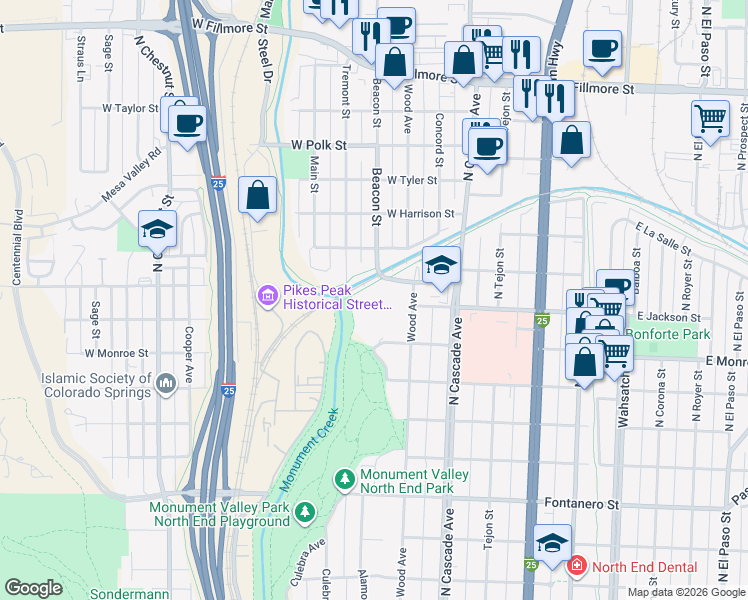 map of restaurants, bars, coffee shops, grocery stores, and more near 2326 Wood Avenue in Colorado Springs