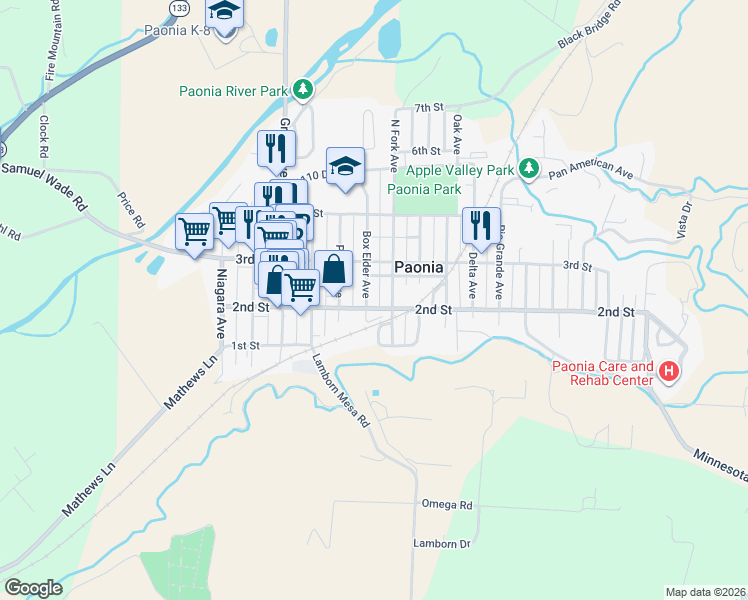 map of restaurants, bars, coffee shops, grocery stores, and more near 712-716 1st Street in Paonia