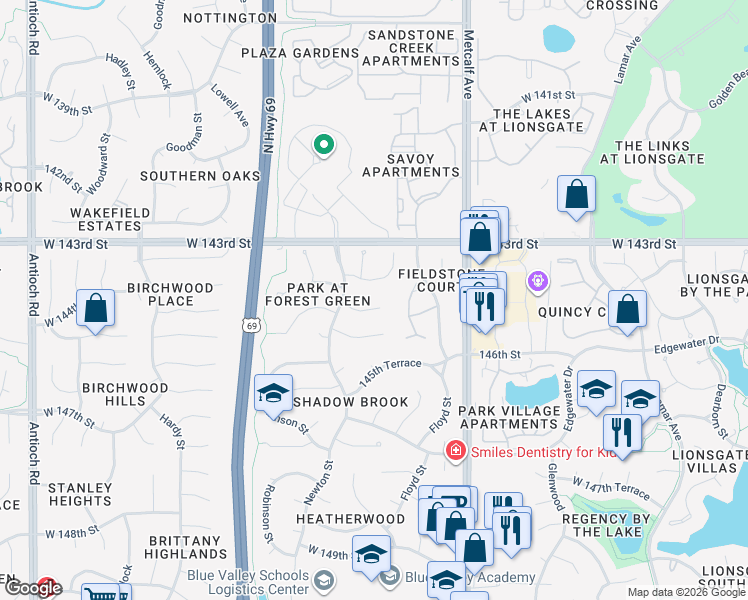 map of restaurants, bars, coffee shops, grocery stores, and more near 7613 West 144th Street in Overland Park