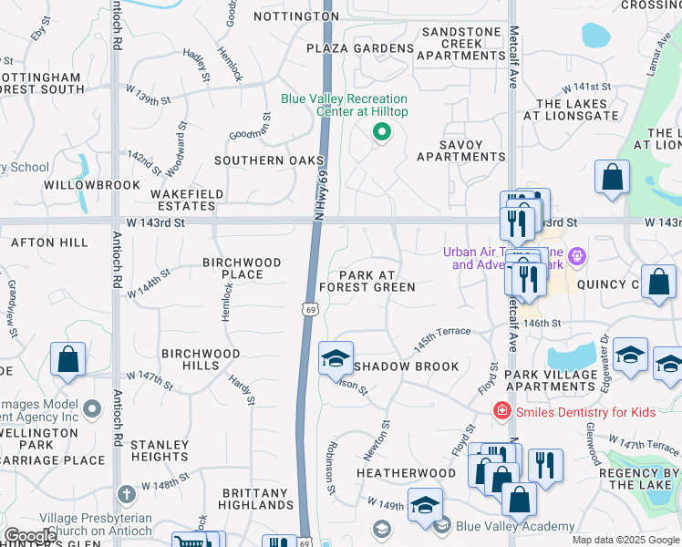 map of restaurants, bars, coffee shops, grocery stores, and more near 7814 West 144th Terrace in Overland Park