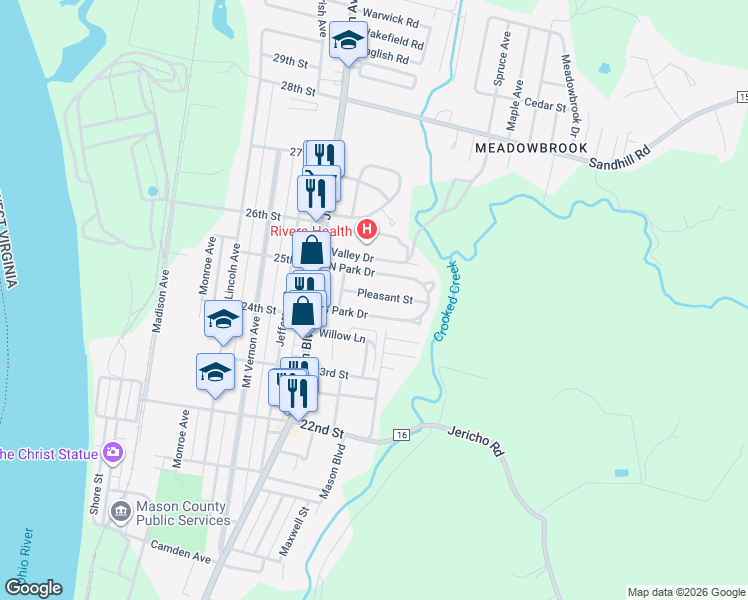 map of restaurants, bars, coffee shops, grocery stores, and more near 130 South Park Drive in Point Pleasant