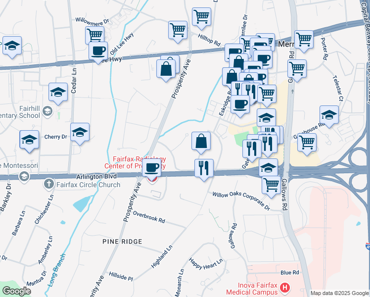 map of restaurants, bars, coffee shops, grocery stores, and more near 3025 Hamaker Court in Fairfax