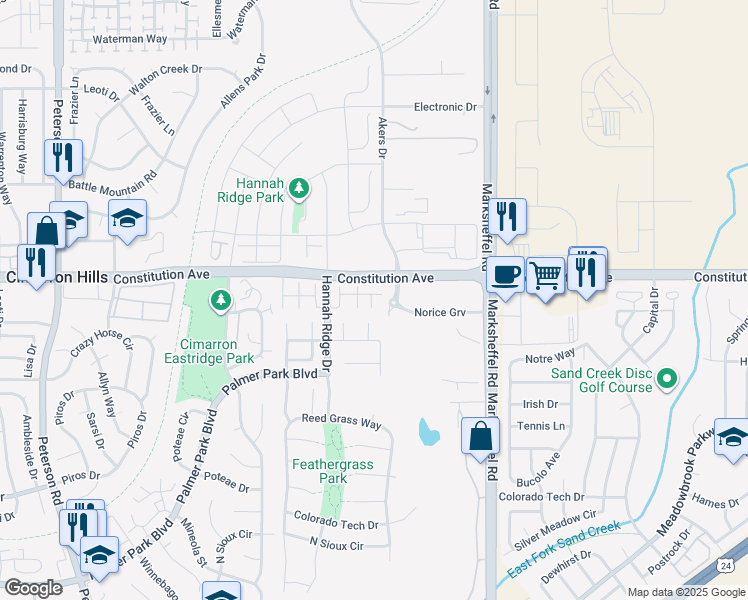 map of restaurants, bars, coffee shops, grocery stores, and more near 2486 Snow Cap Court in Colorado Springs