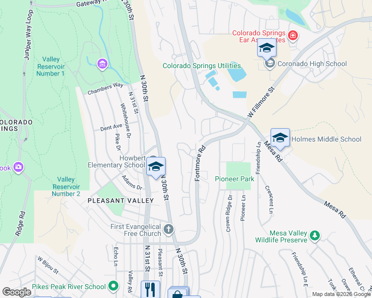 map of restaurants, bars, coffee shops, grocery stores, and more near 1000 Fontmore Road in Colorado Springs