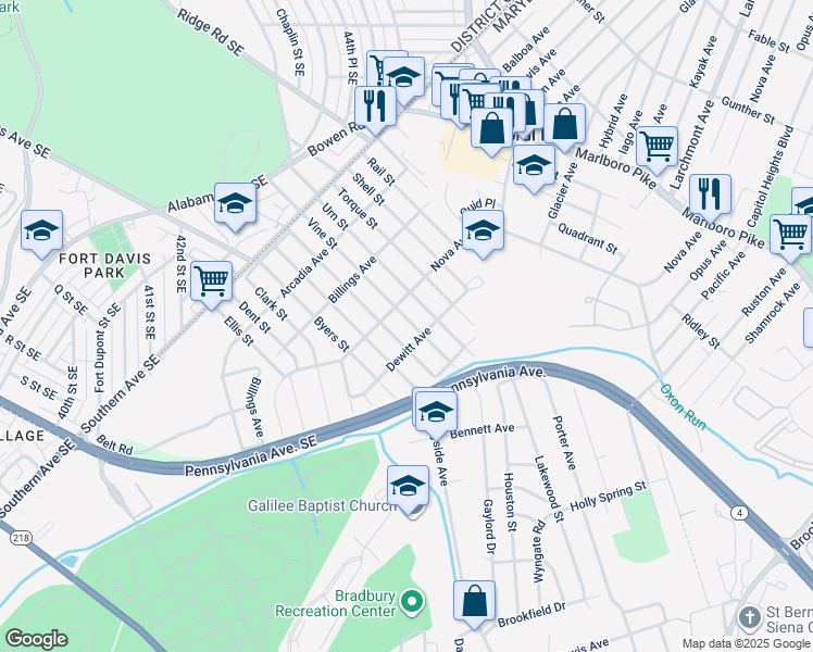 map of restaurants, bars, coffee shops, grocery stores, and more near 4309 Vine Street in Capitol Heights