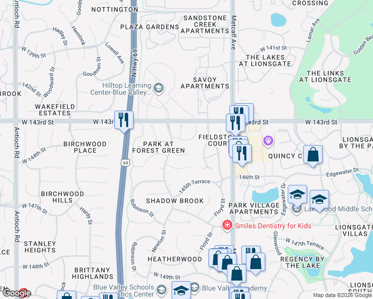 map of restaurants, bars, coffee shops, grocery stores, and more near 14312 Conser Street in Overland Park