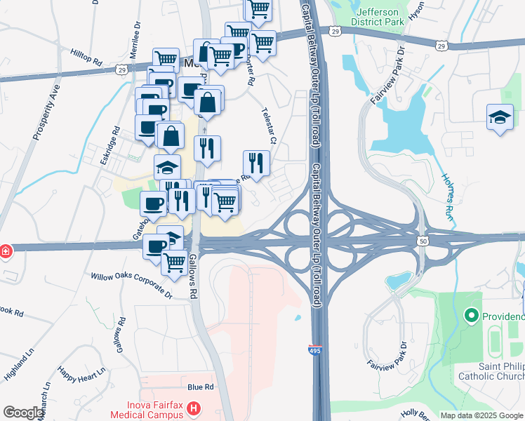 map of restaurants, bars, coffee shops, grocery stores, and more near 8111 Gatehouse Road in Falls Church