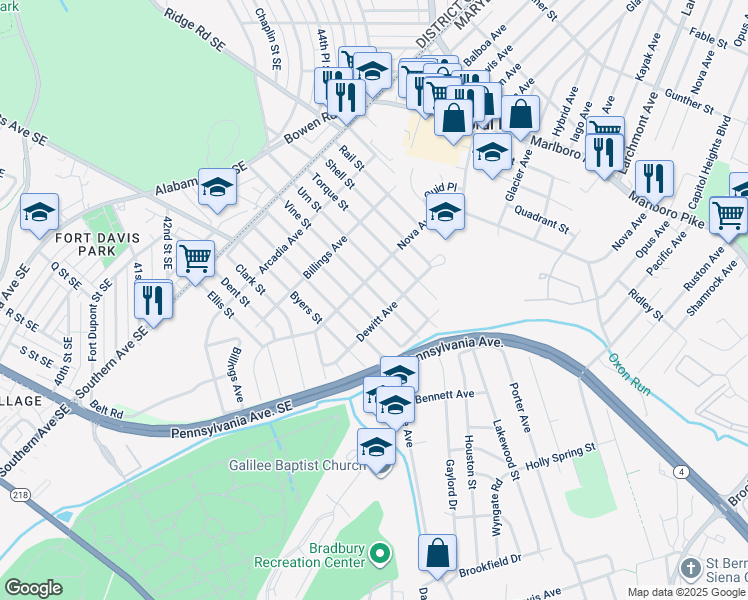 map of restaurants, bars, coffee shops, grocery stores, and more near 4309 Vine Street in Capitol Heights