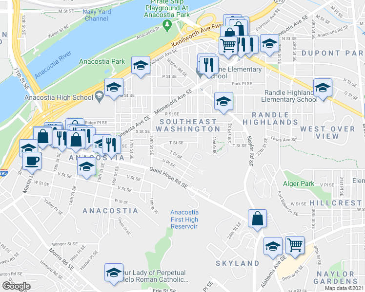 map of restaurants, bars, coffee shops, grocery stores, and more near 2005 T Street Southeast in Washington